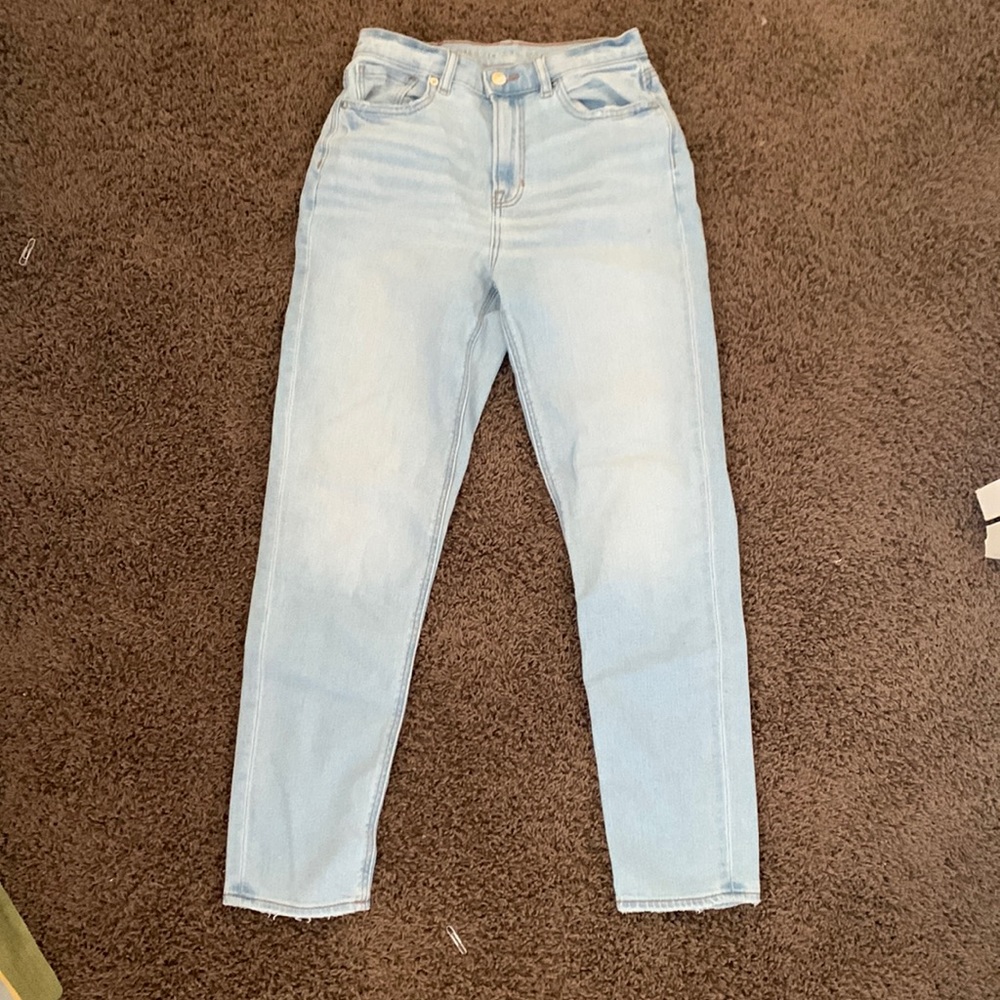 American Eagle Light Wash Stretch Mom Jeans with Distressed Pockets